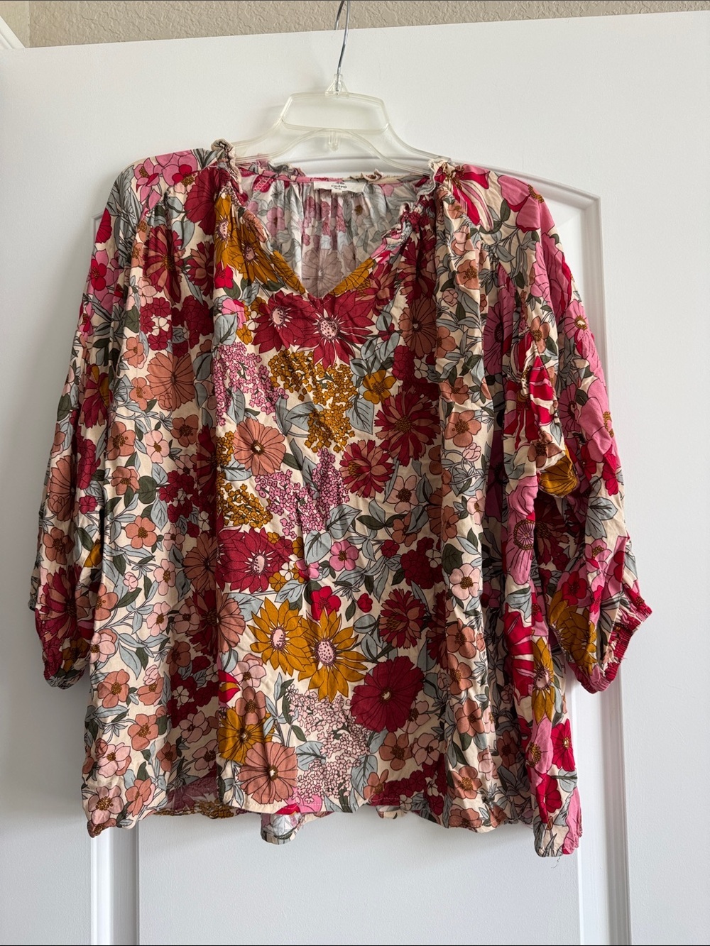 entro Floral V-Neck Tunic in Pink, Mustard and Cream